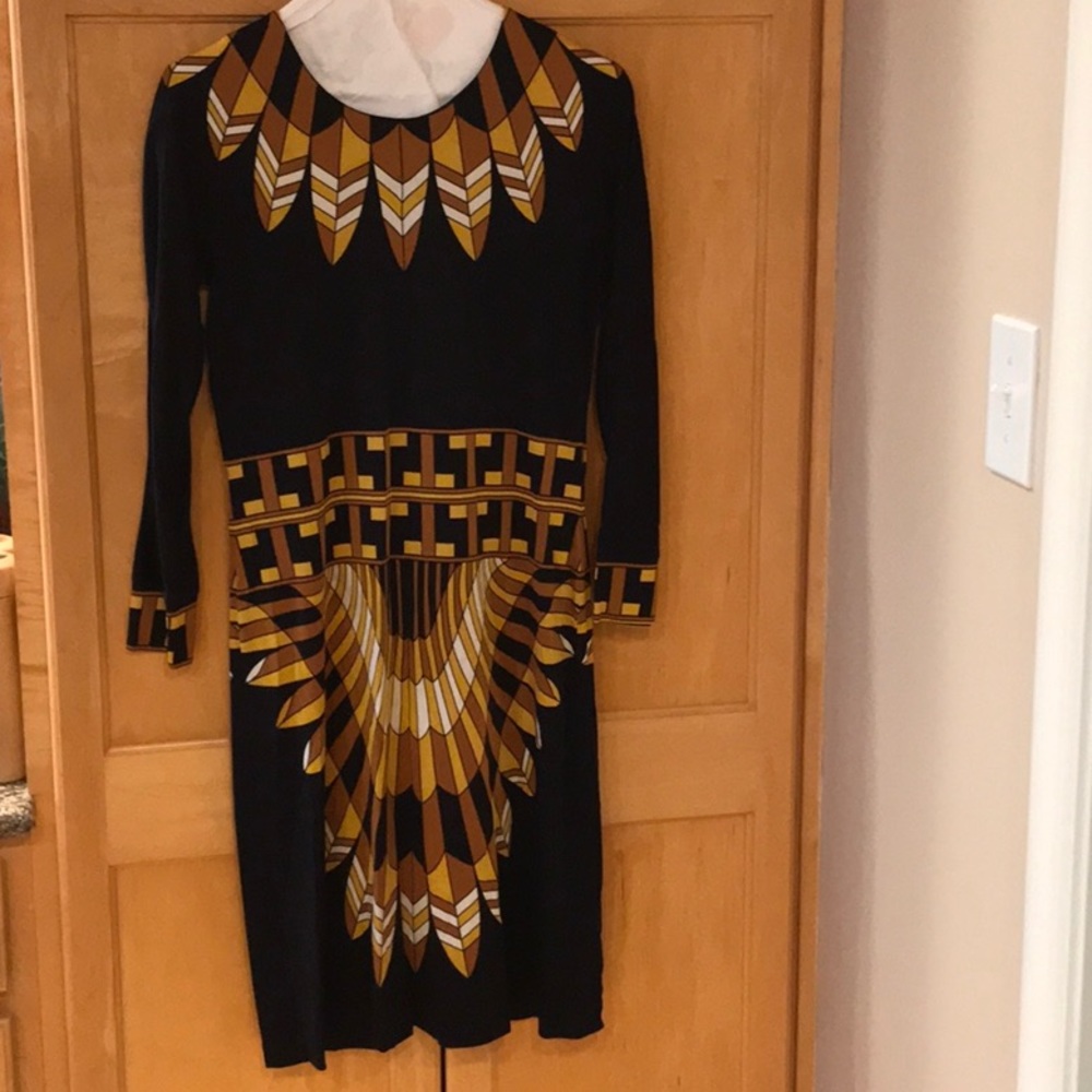 Preowned Tory Burch long sleeve navy silk feather sheath dress - small